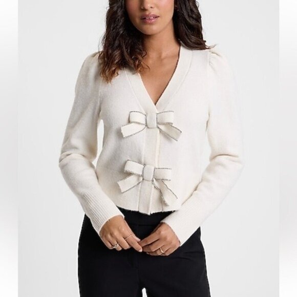 EXPRESS Bow V-Neck Puff Shoulder Cardigan Sweater in Ivory White - Picture 1 of 14